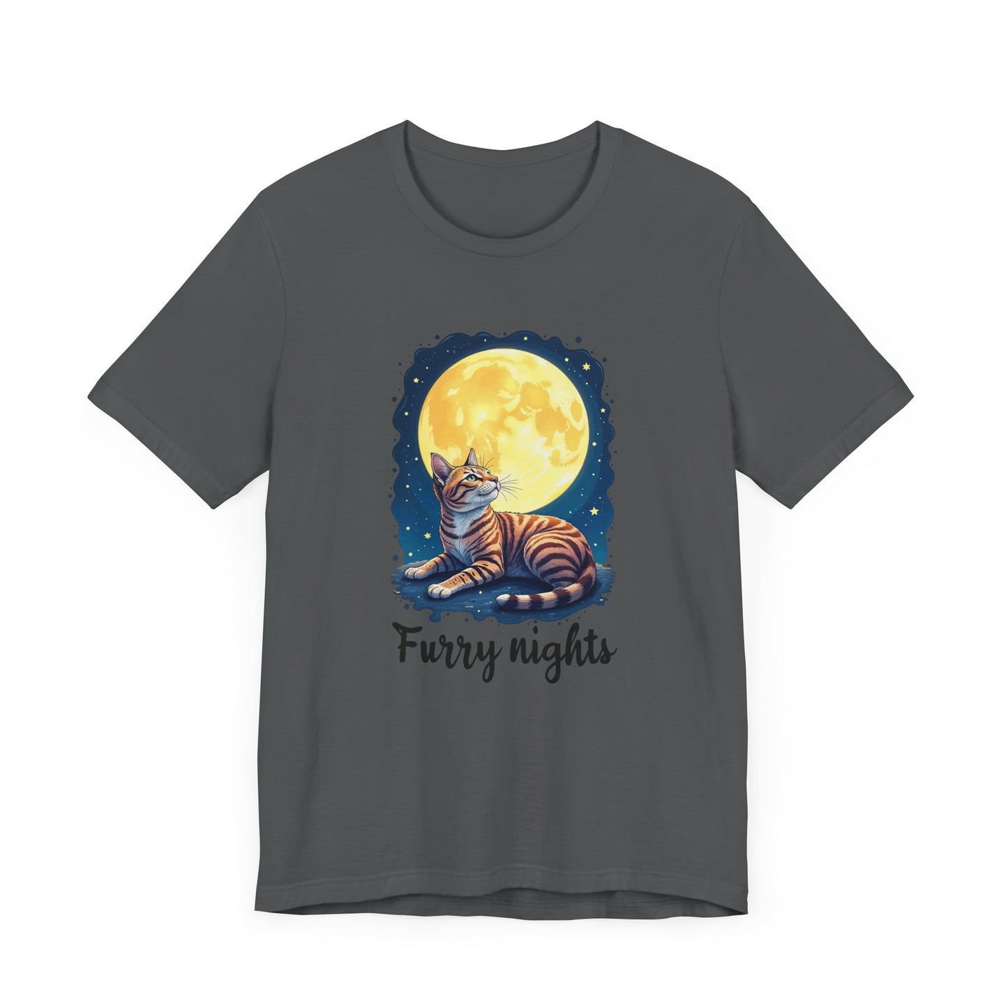 Moon Bath - Furry Nights – Cat Watching Full Moon and Starry Sky Graphic T-Shirt
