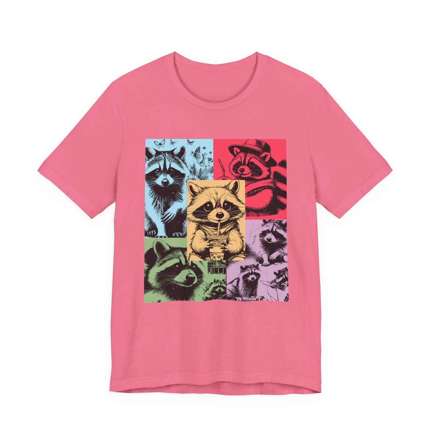 Colorful Raccoons T-Shirt – Playful Multi-Color Raccoons with Sipping Raccoon Graphic