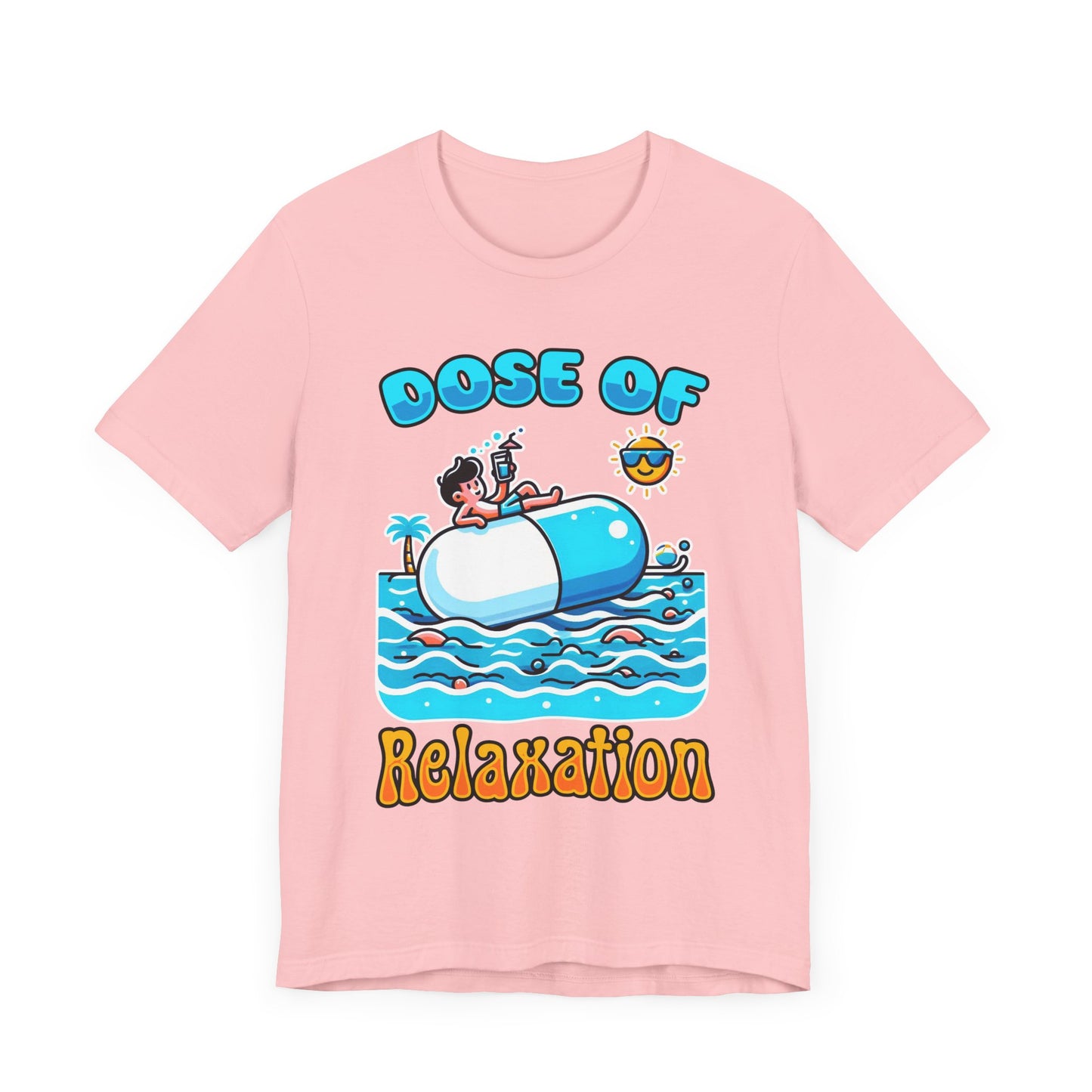 Dose of Relaxation | Boy Sitting on Pill Floating on Water with Drink, Sun & Palm Tree Graphic T-Shirt