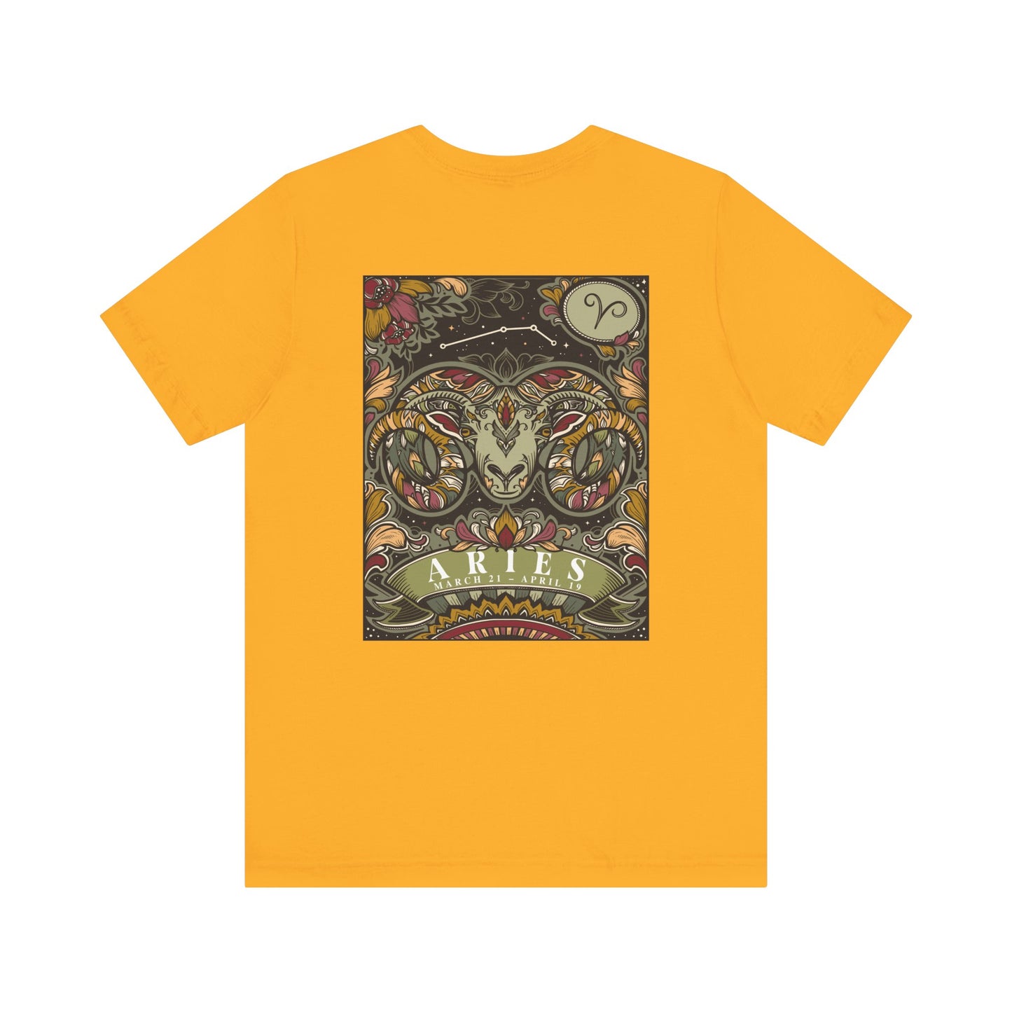 Aries Zodiac T-Shirt – Ram Head with Constellation and Floral Background
