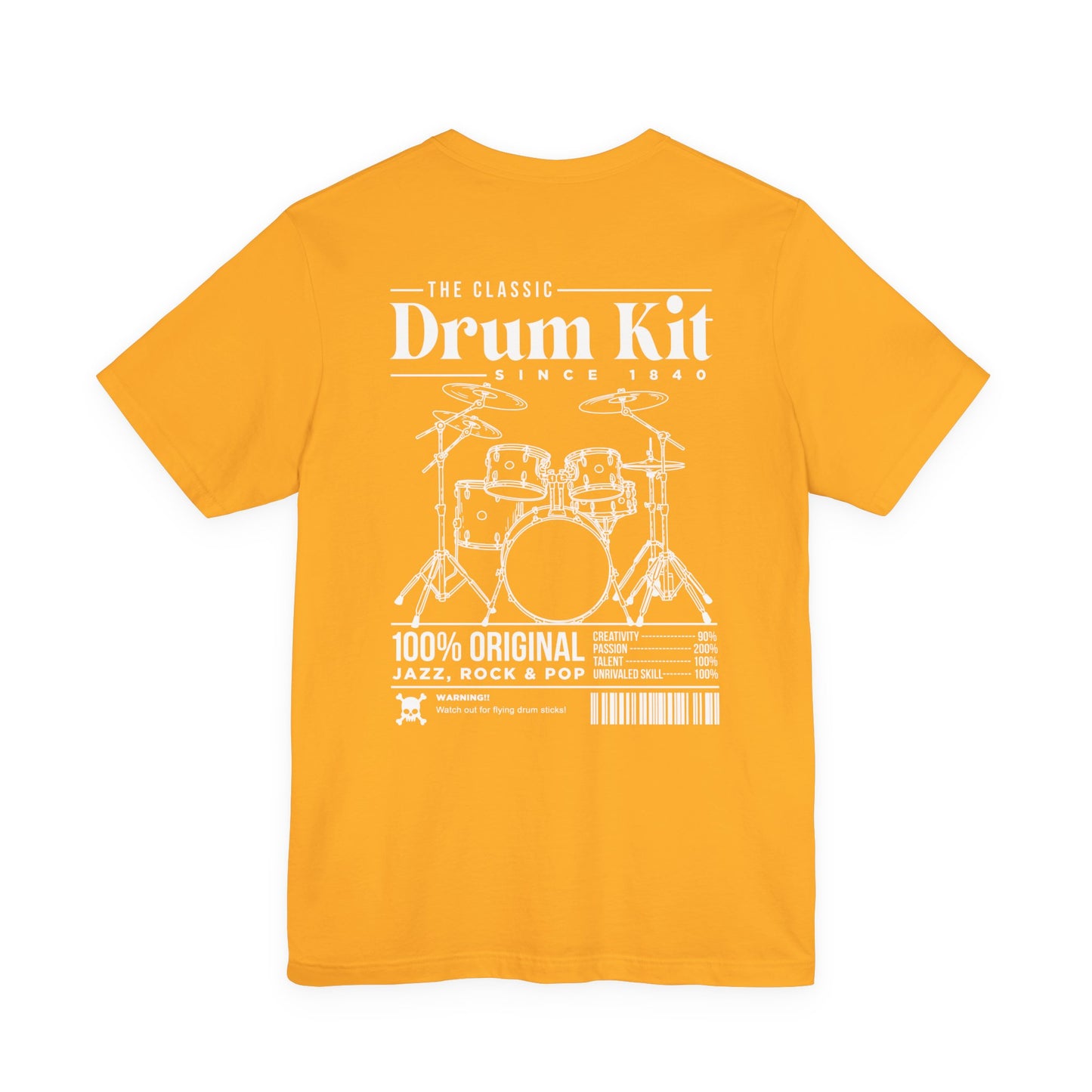 The Classic Drum Kit T-Shirt – Vintage Design with Bold Music Stats & Warning