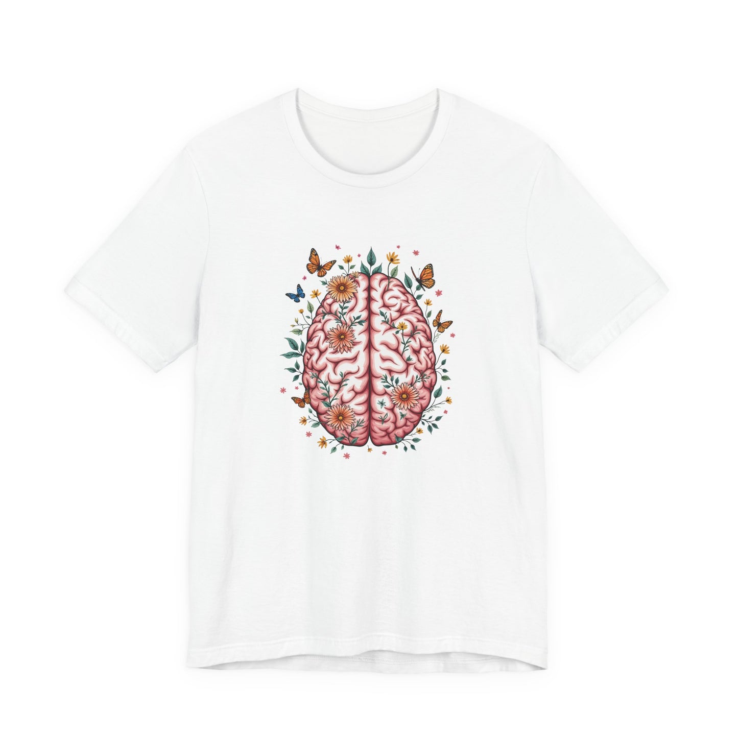 Human Brain with Flowers and Butterflies Tshirt – Artistic Floral Brain Graphic