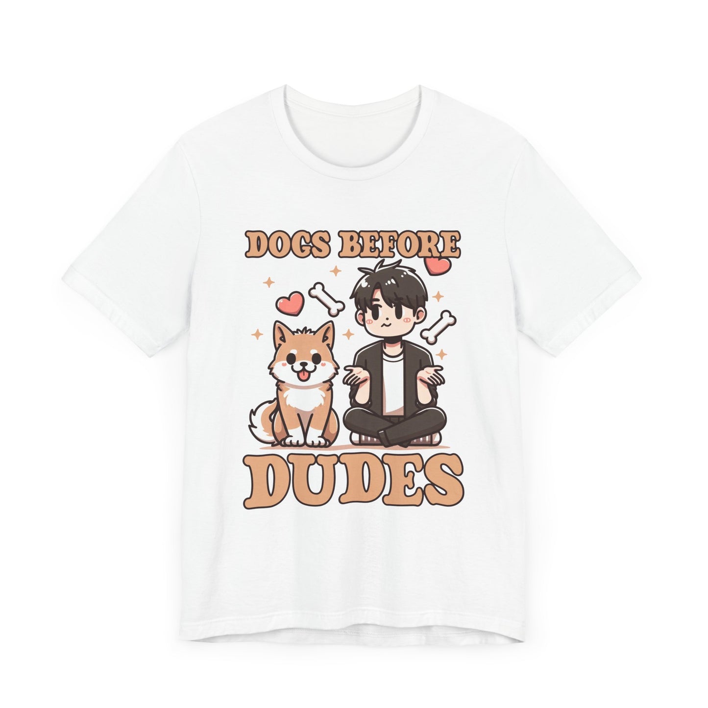Dogs Before Dudes | Smiling Puppy & Surprised Boy with Hearts, Bones, and Stars T-Shirt