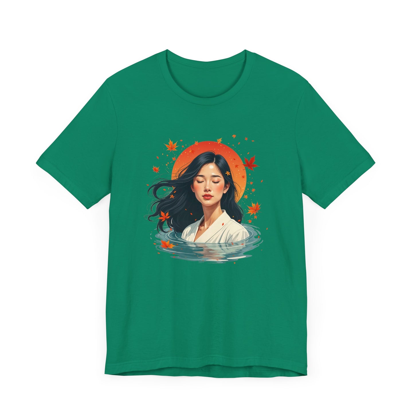 Serene Woman in White Dress Chest-Deep in Water with Sunset and Falling Leaves Graphic T-Shirt