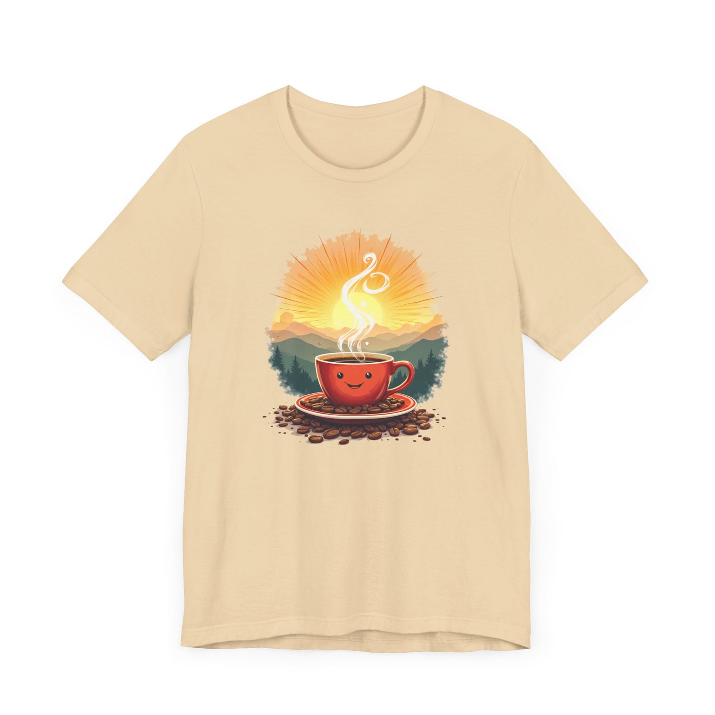 Sunrise Coffee Cup with Coffee Beans and Radiant Morning Glow Graphic T-Shirt
