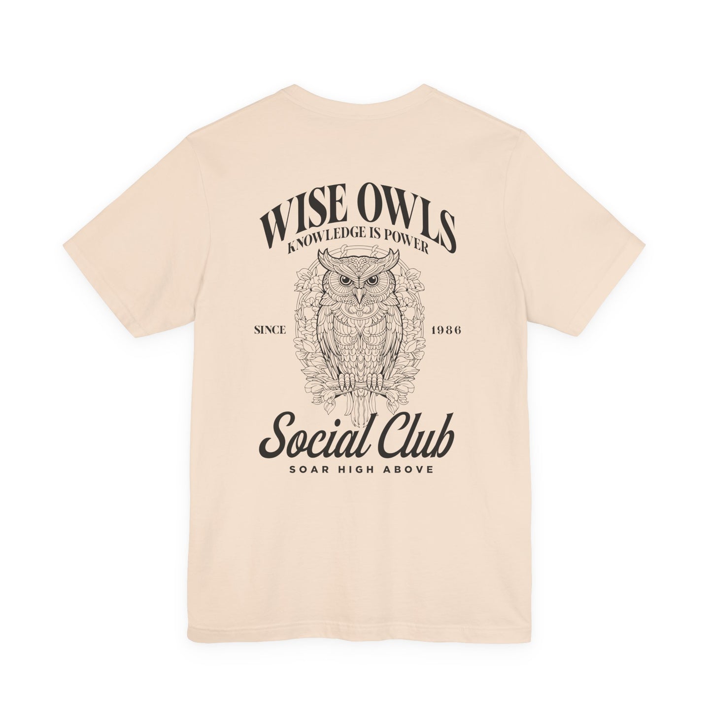 Wise Owl Social Club T-Shirt – Calm Owl on Branch with Empowering Text