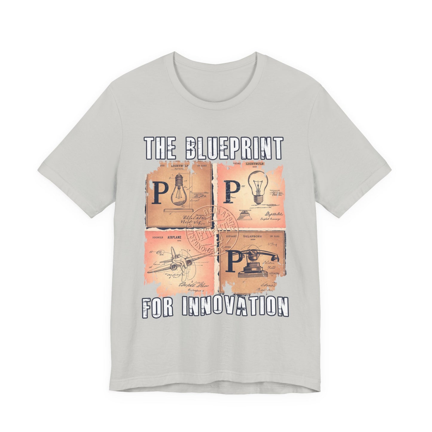 The Blueprint for Innovation Tshirt – Vintage Paper with Iconic Inventions Graphic