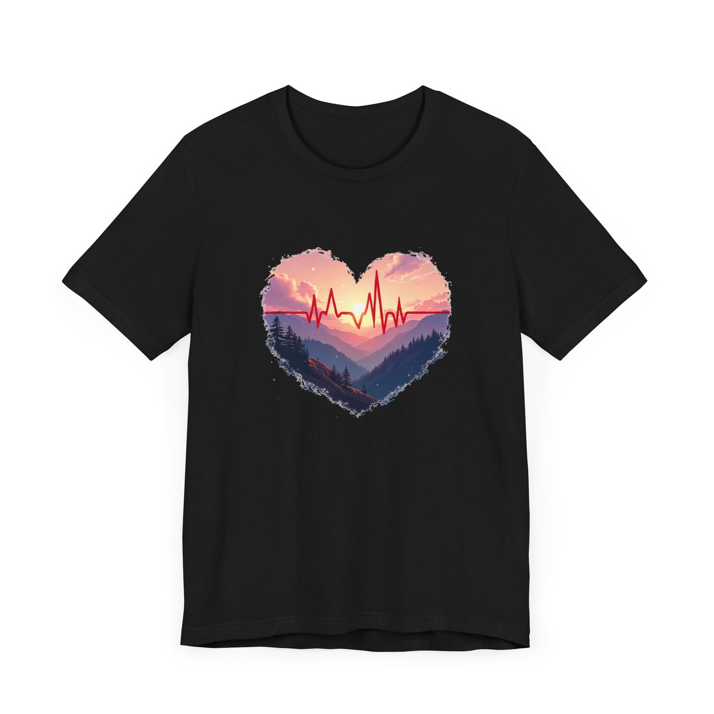 Heart-Shaped Majestic Mountains Landscape with Bold Red Lifeline Graphic T-Shirt