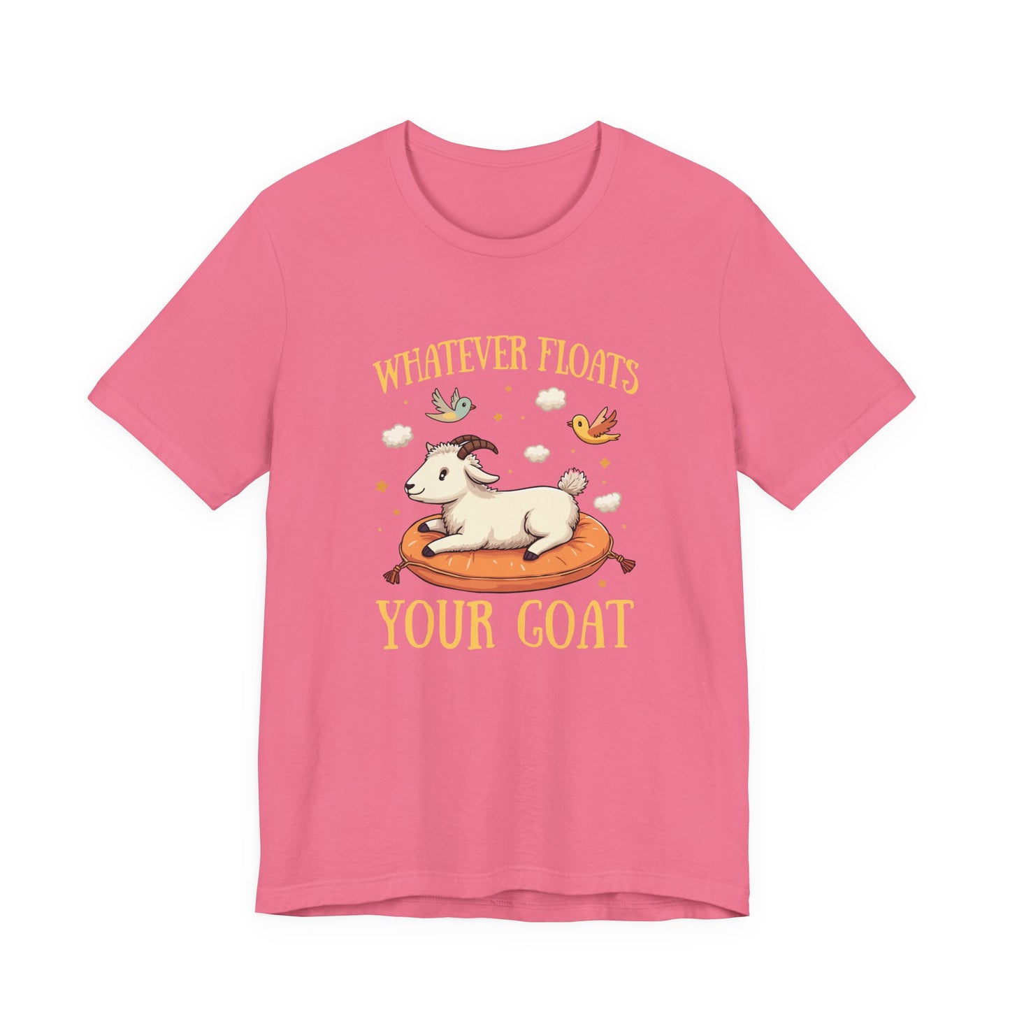 Whatever Floats Your Goat T Shirt – Happy Floating Goat with Clouds and Birds