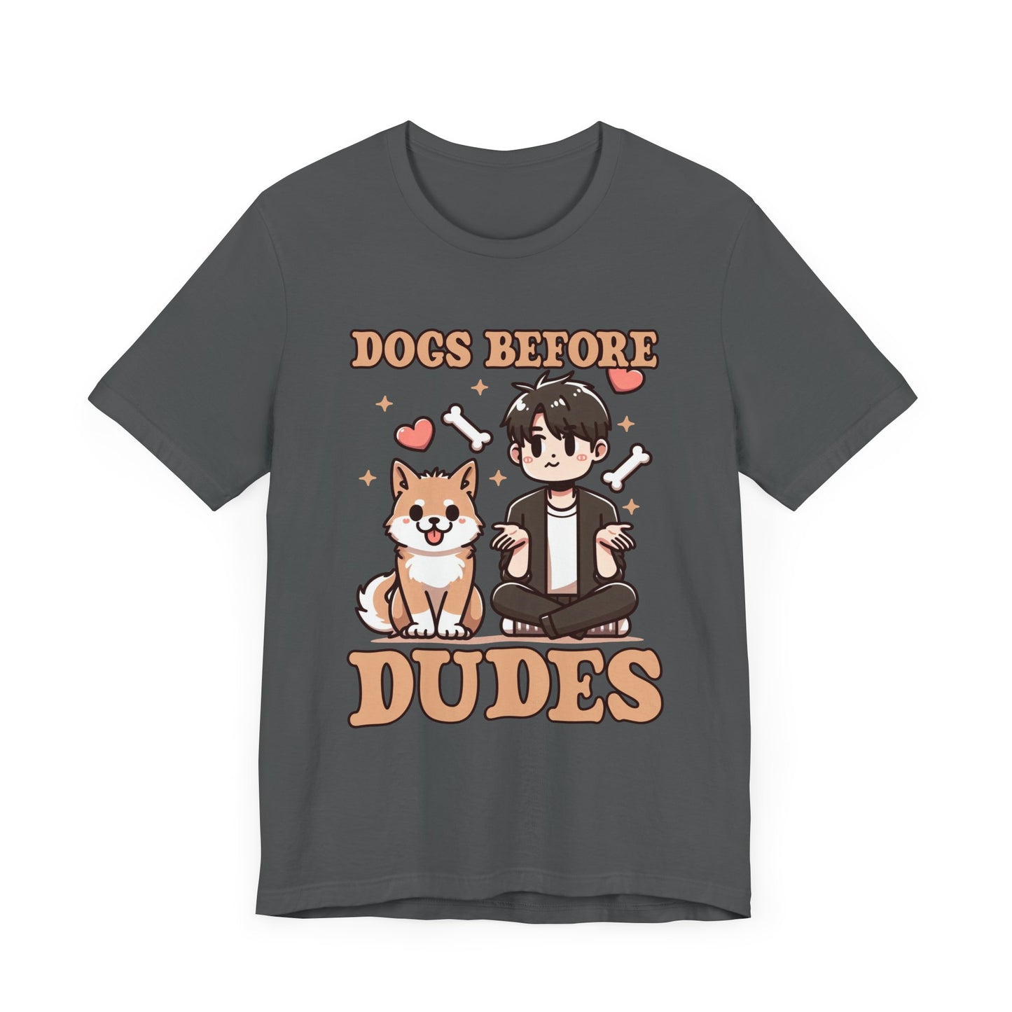 Dogs Before Dudes | Smiling Puppy & Surprised Boy with Hearts, Bones, and Stars T-Shirt