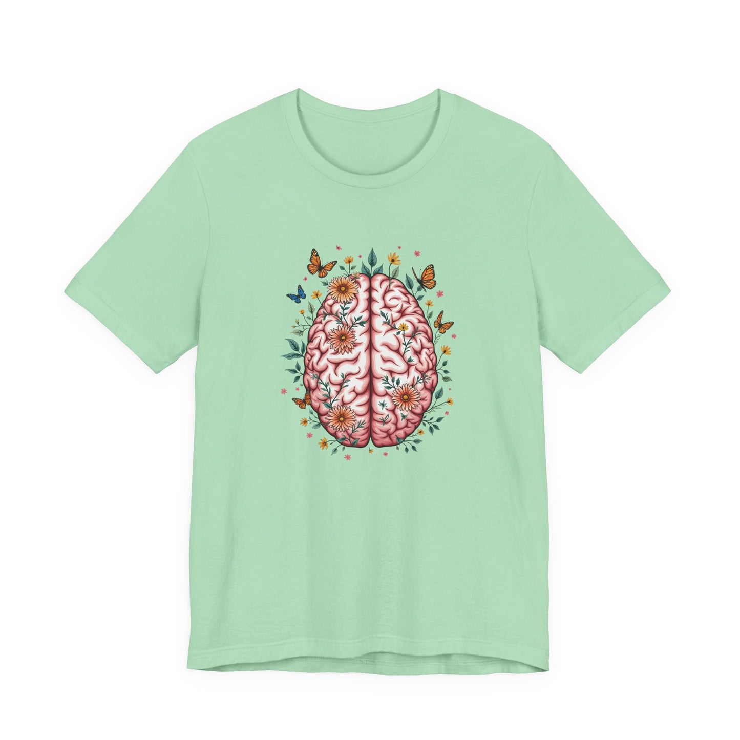 Human Brain with Flowers and Butterflies Tshirt – Artistic Floral Brain Graphic