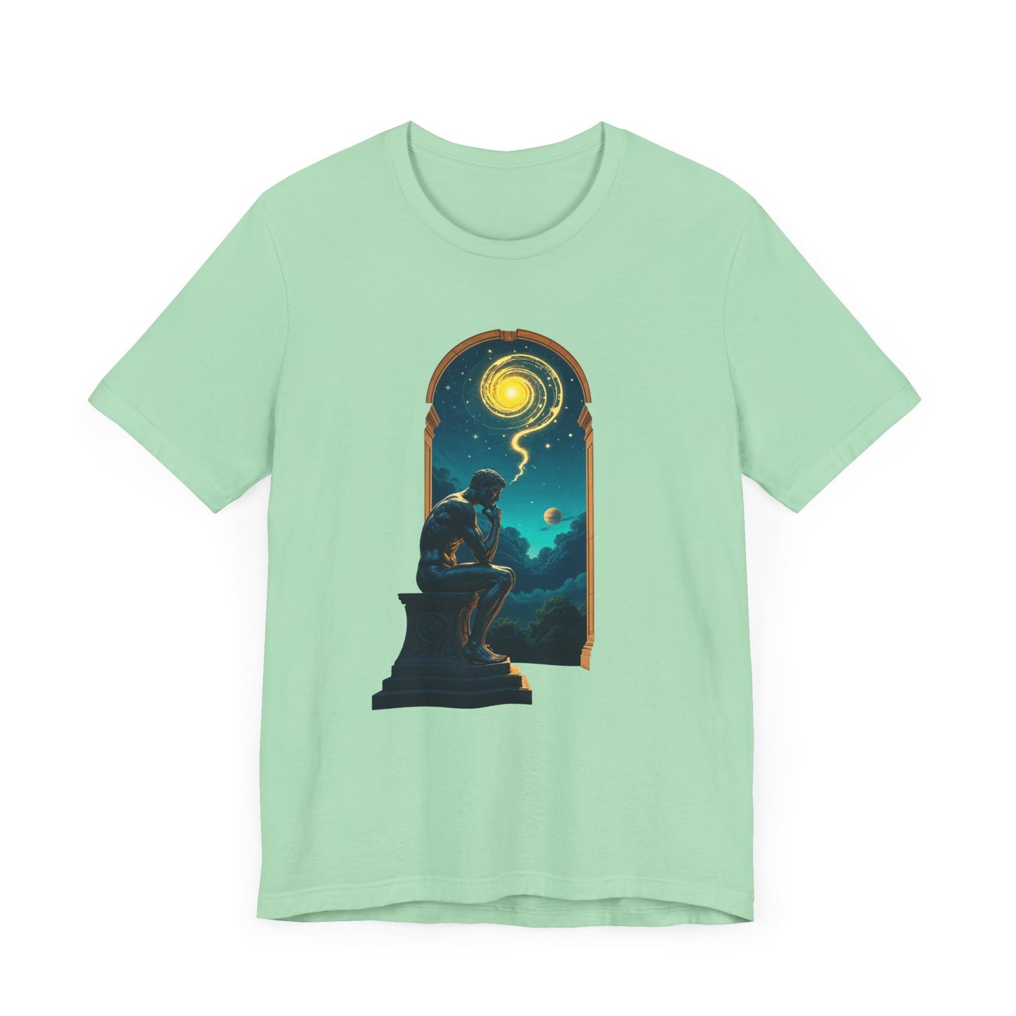 Muscular Statue Deep in Thought on Stage with Scenic Window View Graphic T-Shirt