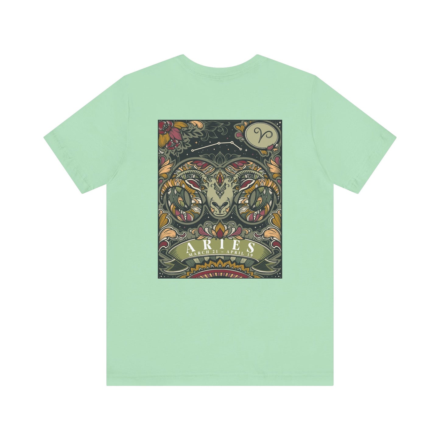 Aries Zodiac T-Shirt – Ram Head with Constellation and Floral Background