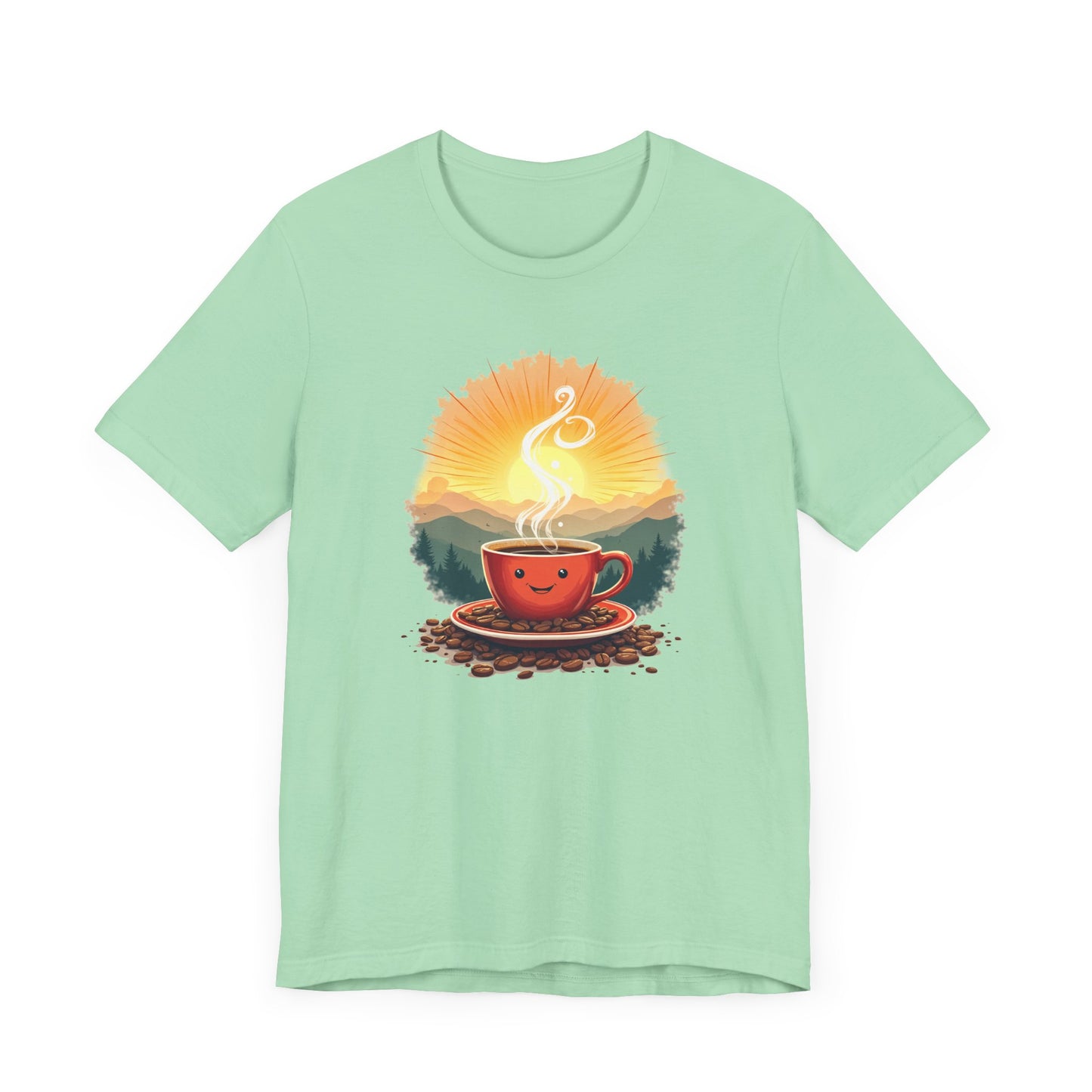 Sunrise Coffee Cup with Coffee Beans and Radiant Morning Glow Graphic T-Shirt