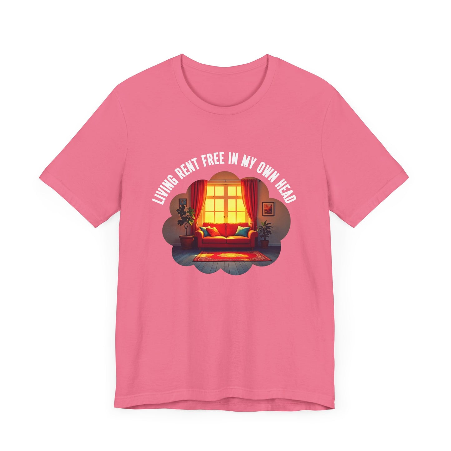 Living Rent Free in My Own Head – Cozy Living Room with Sofa & Sunlit Window Graphic T-Shirt
