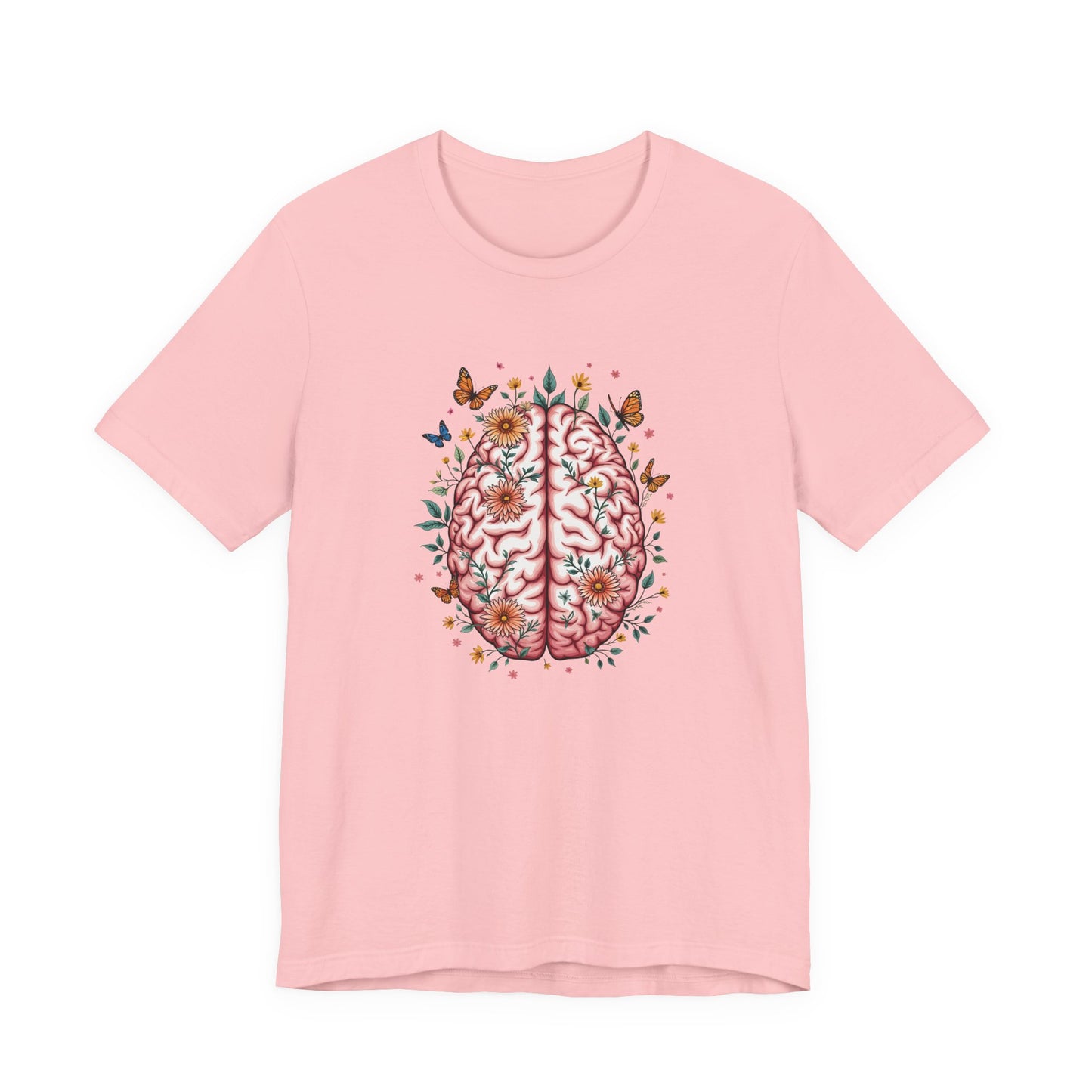 Human Brain with Flowers and Butterflies Tshirt – Artistic Floral Brain Graphic