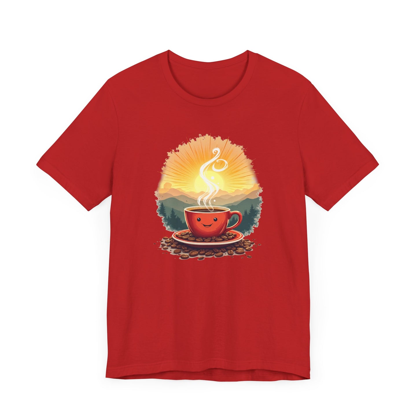 Sunrise Coffee Cup with Coffee Beans and Radiant Morning Glow Graphic T-Shirt