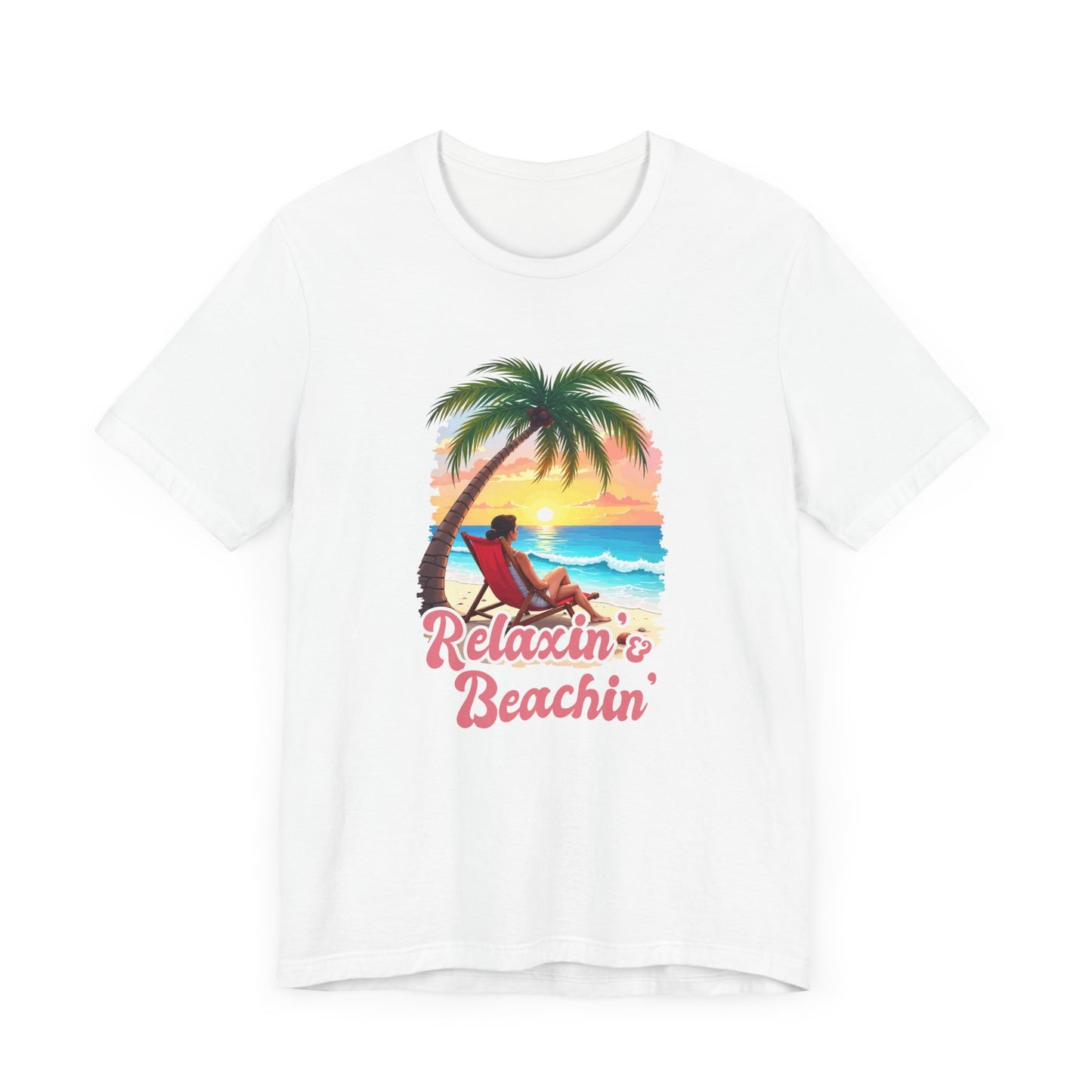 Recharge Mode Relaxin & Beachin' – Woman Lounging Under Palm Tree Beach Scene T-Shirt