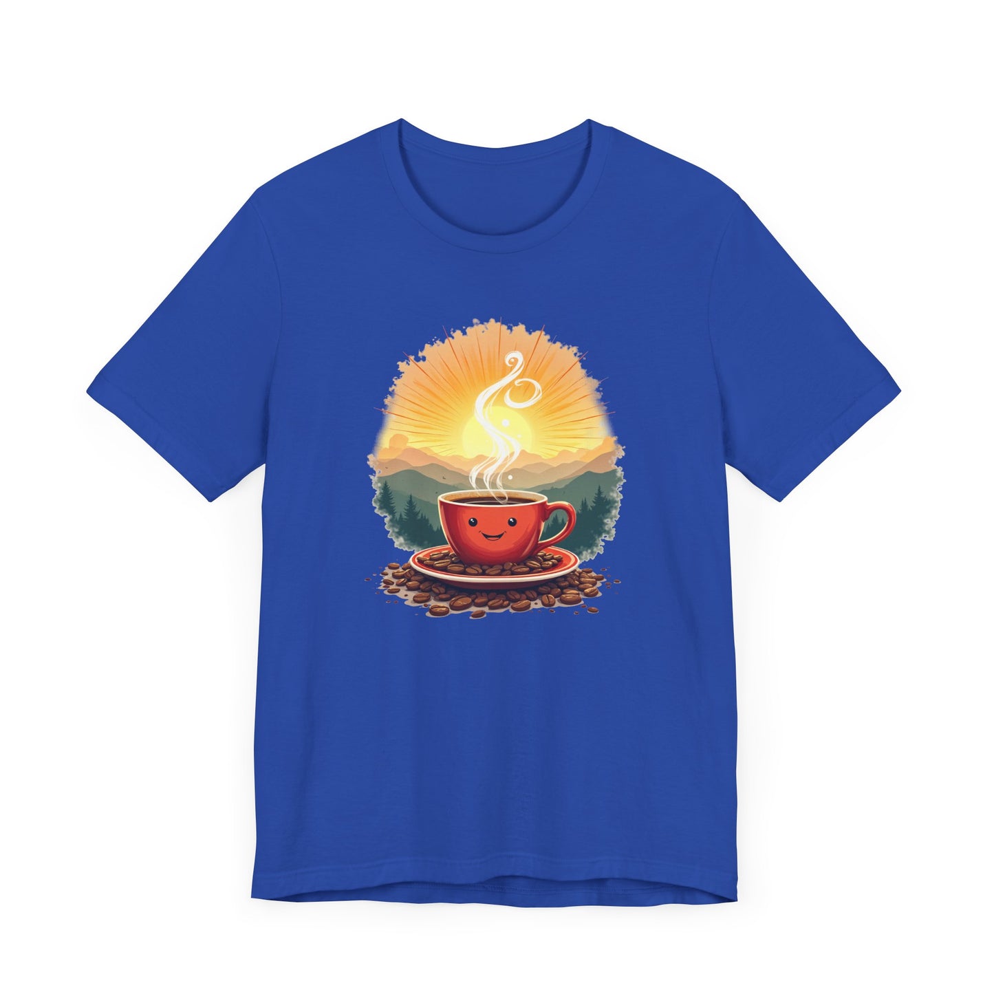 Sunrise Coffee Cup with Coffee Beans and Radiant Morning Glow Graphic T-Shirt
