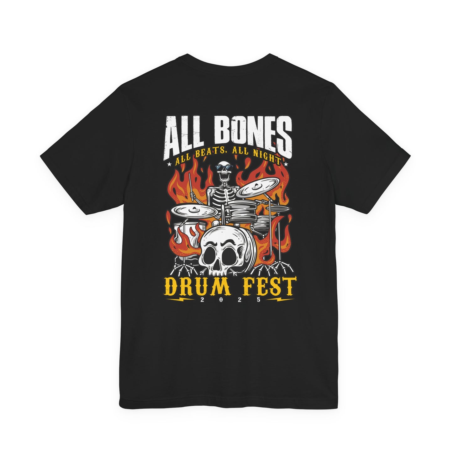All Bones Drum Fest 2025 T-Shirt – Skeleton Drummer Fiery Rock Design