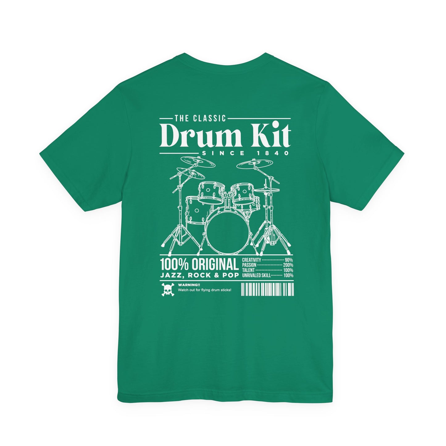 The Classic Drum Kit T-Shirt – Vintage Design with Bold Music Stats & Warning