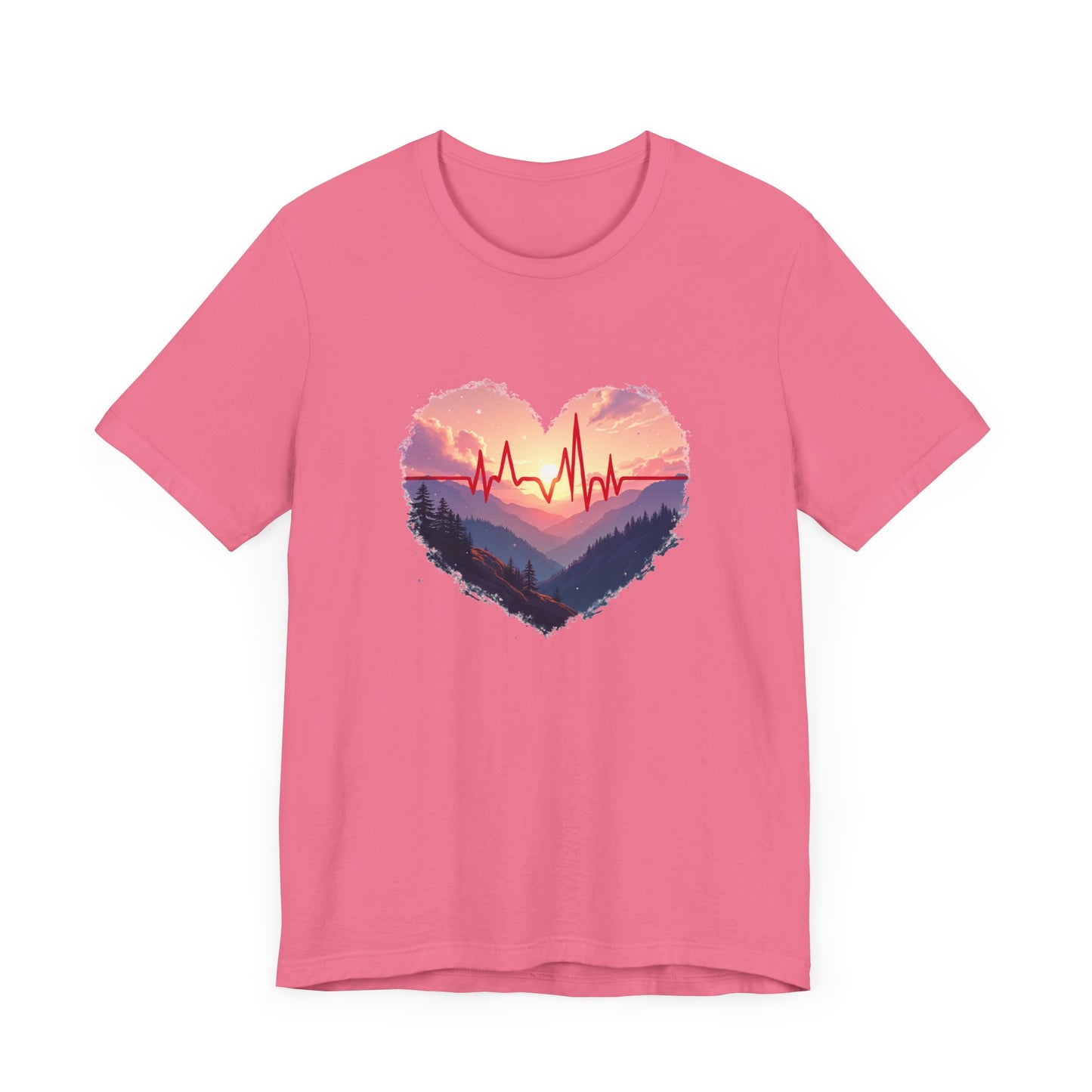 Heart-Shaped Majestic Mountains Landscape with Bold Red Lifeline Graphic T-Shirt