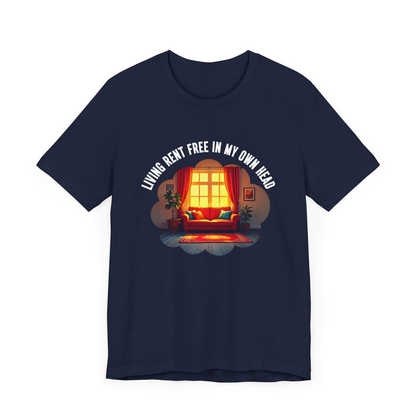 Living Rent Free in My Own Head – Cozy Living Room with Sofa & Sunlit Window Graphic T-Shirt