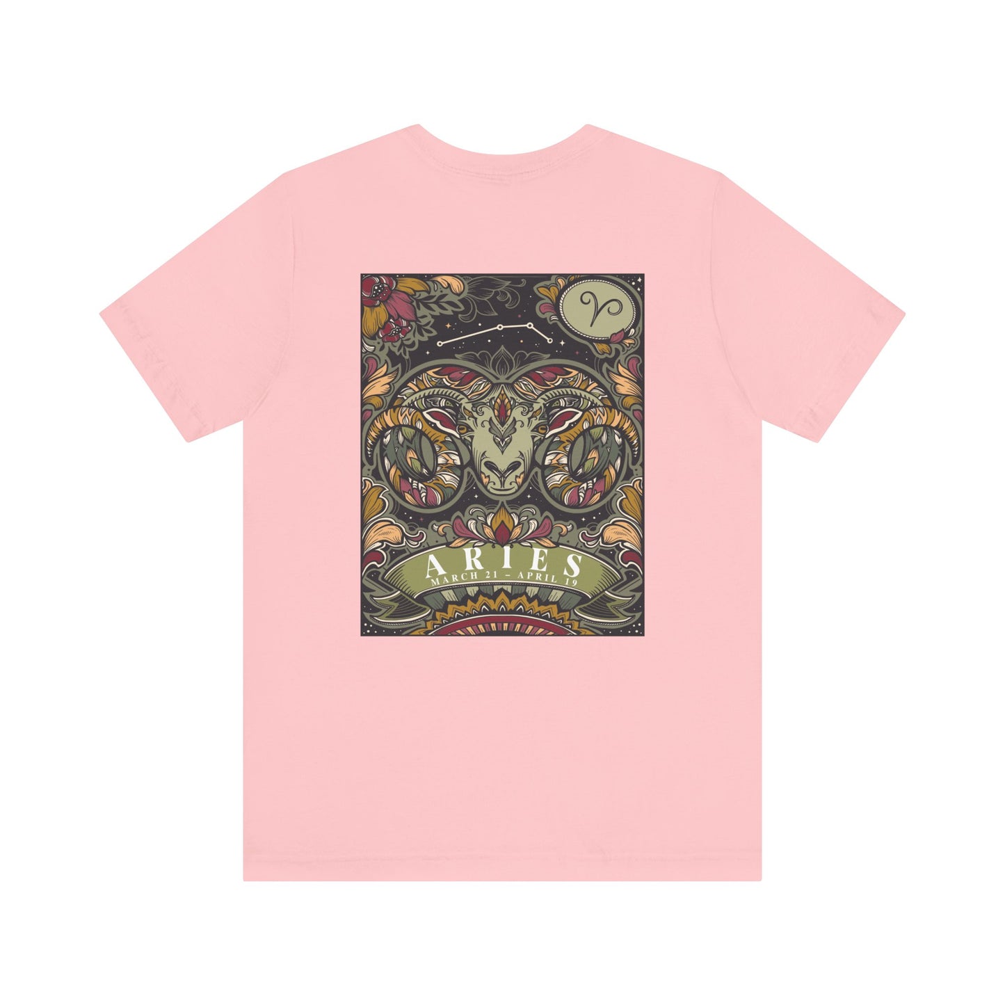 Aries Zodiac T-Shirt – Ram Head with Constellation and Floral Background