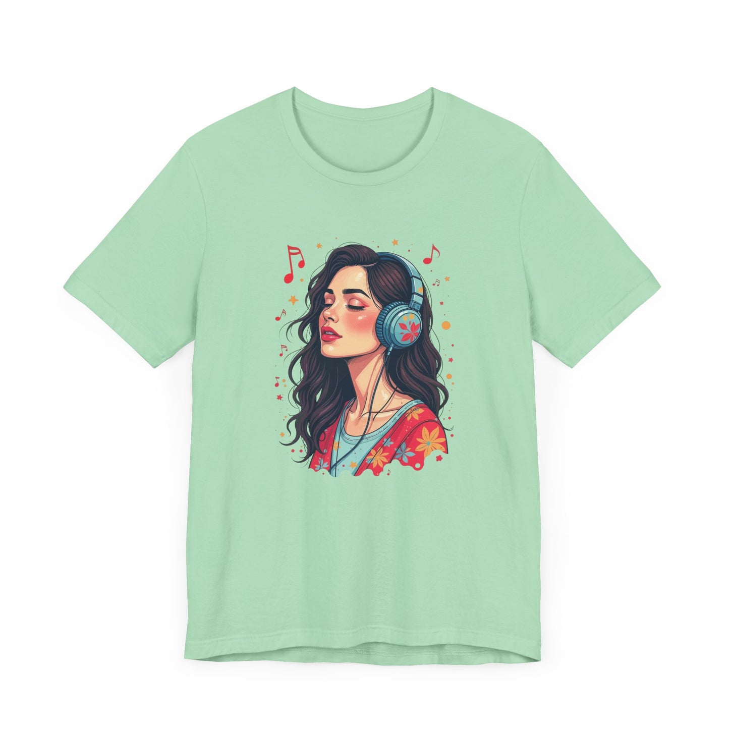 Quietly Loud – Woman with Headphones, Leaf Pattern Dress & Expressive Music Notes Graphic T-Shirt