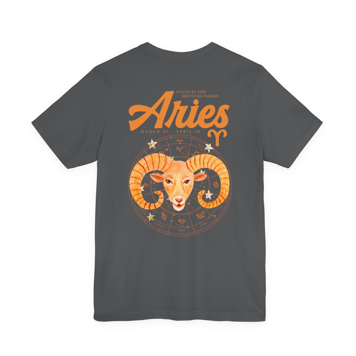 Aries Fueled by Fire T-Shirt – Ram Head with Zodiac Astrological Wheel