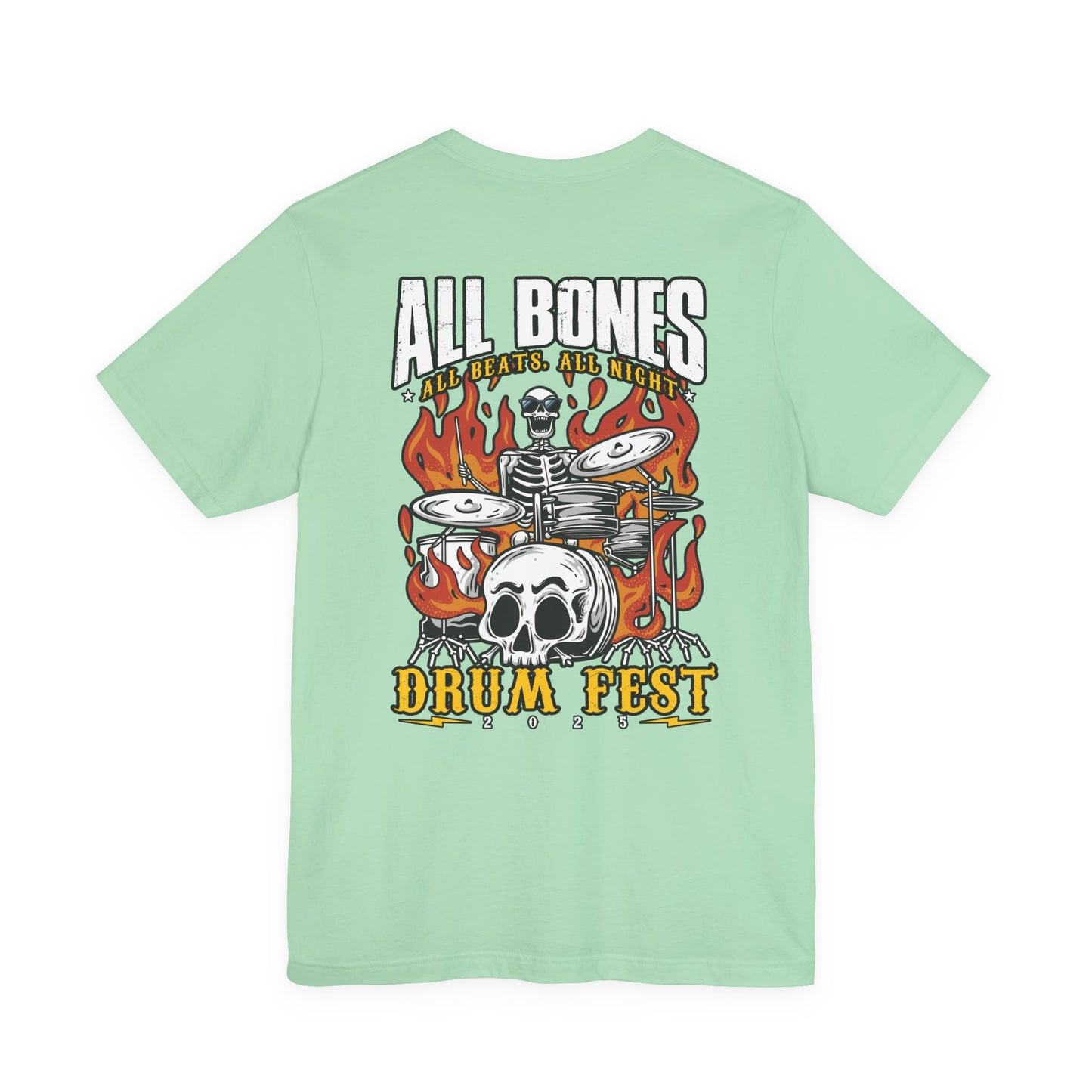 All Bones Drum Fest 2025 T-Shirt – Skeleton Drummer Fiery Rock Design