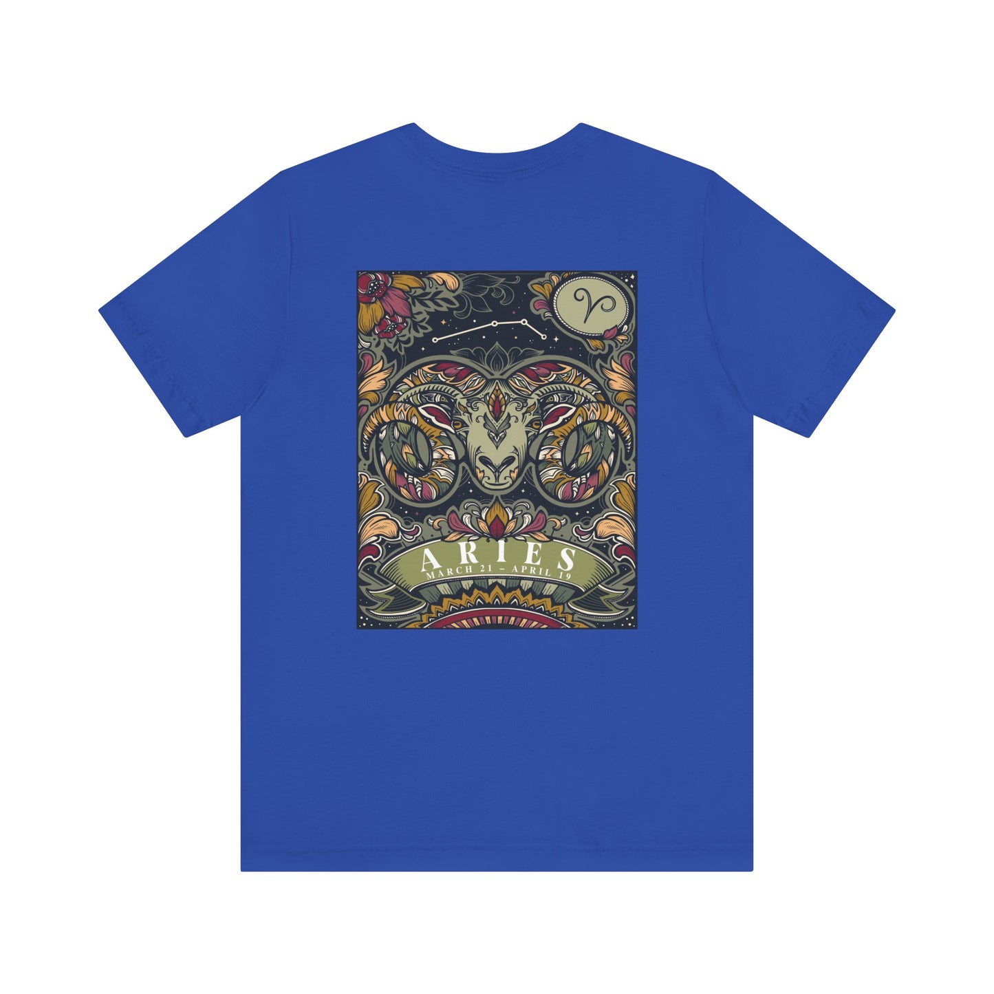 Aries Zodiac T-Shirt – Ram Head with Constellation and Floral Background