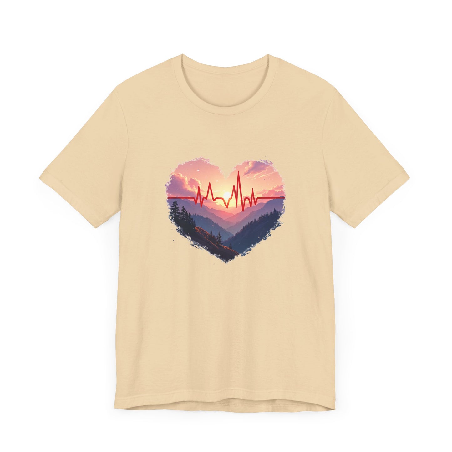 Heart-Shaped Majestic Mountains Landscape with Bold Red Lifeline Graphic T-Shirt