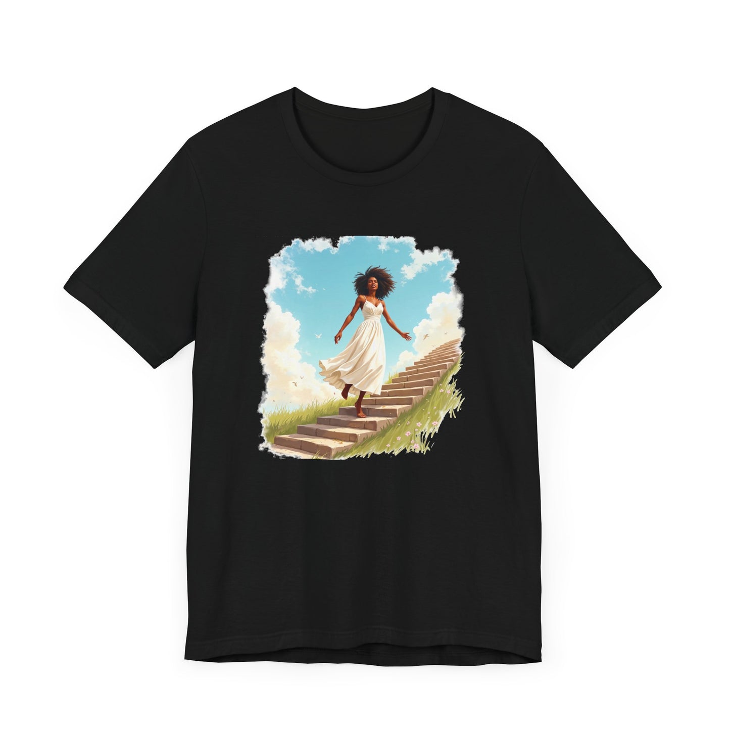 Graceful Woman in White Dress Walking on Stairs – Blue Sky & Green Ground Graphic T-Shirt