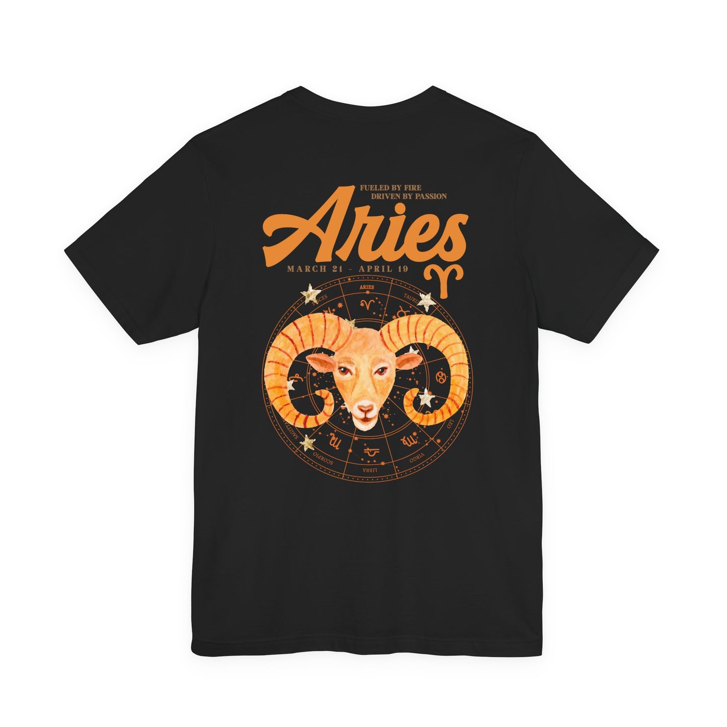 Aries Fueled by Fire T-Shirt – Ram Head with Zodiac Astrological Wheel