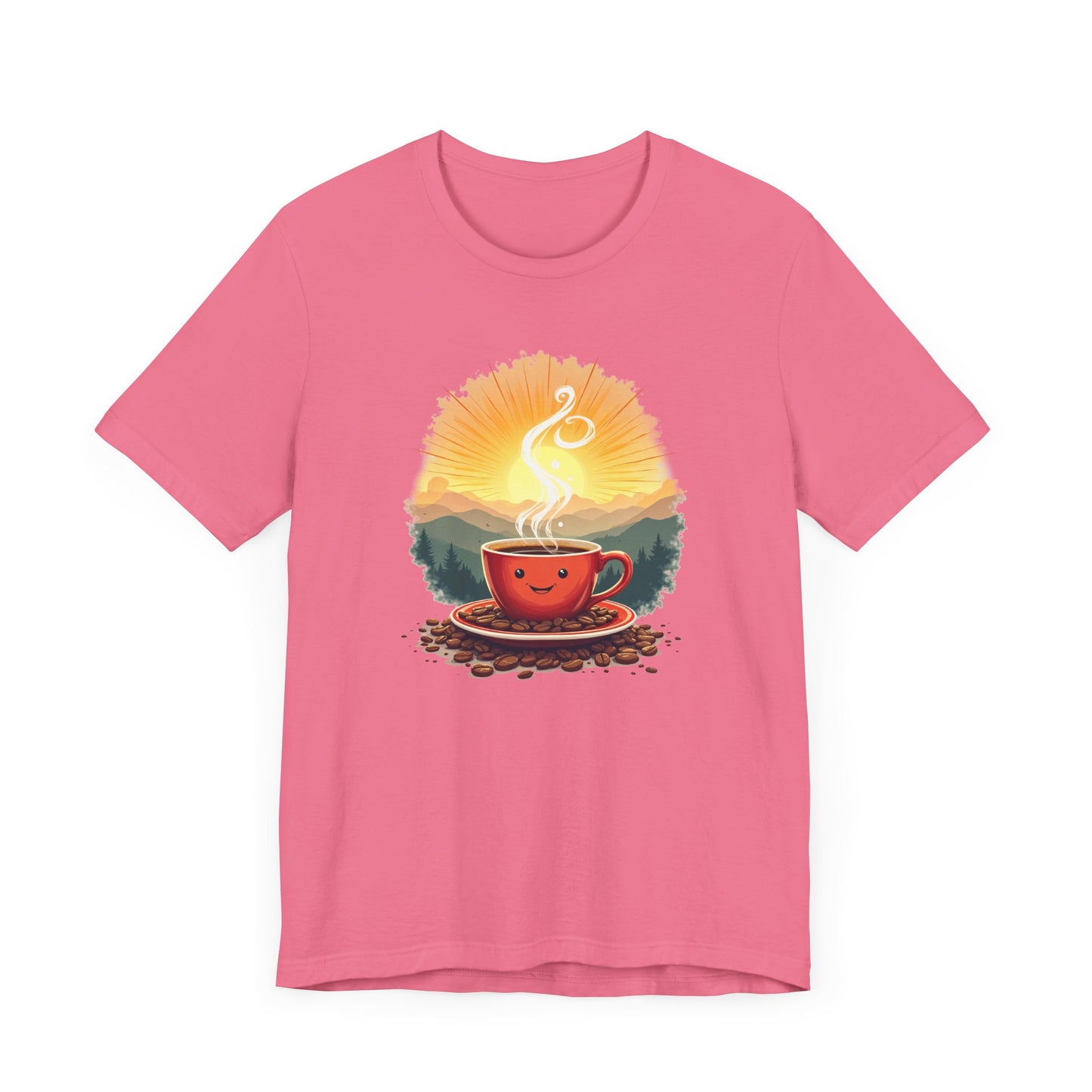 Sunrise Coffee Cup with Coffee Beans and Radiant Morning Glow Graphic T-Shirt