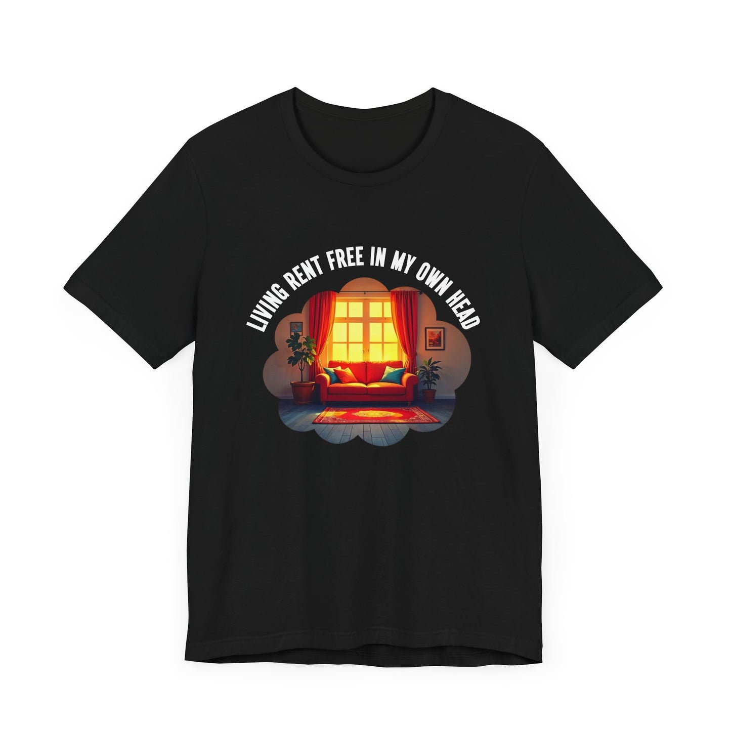 Living Rent Free in My Own Head – Cozy Living Room with Sofa & Sunlit Window Graphic T-Shirt