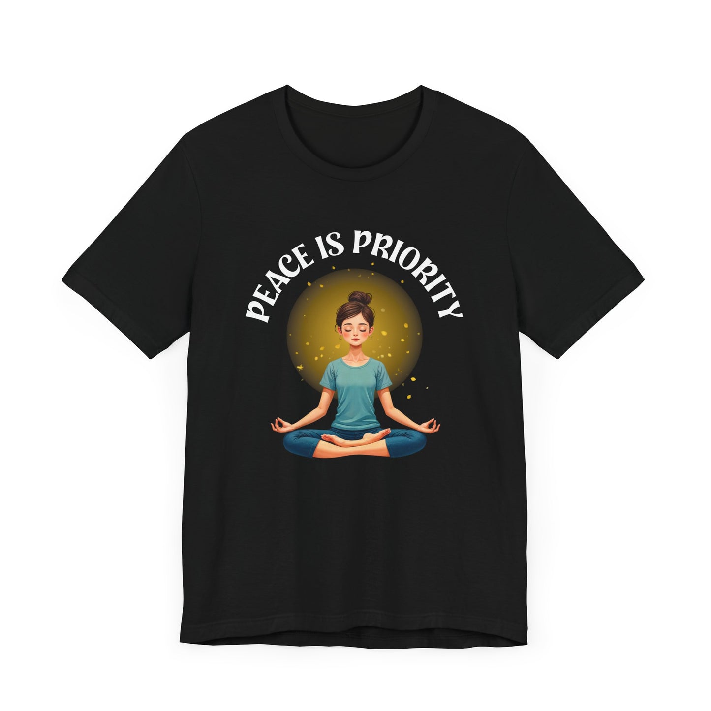 Peace Is Priority – Meditating Woman with Glowing Aura Graphic T-Shirt
