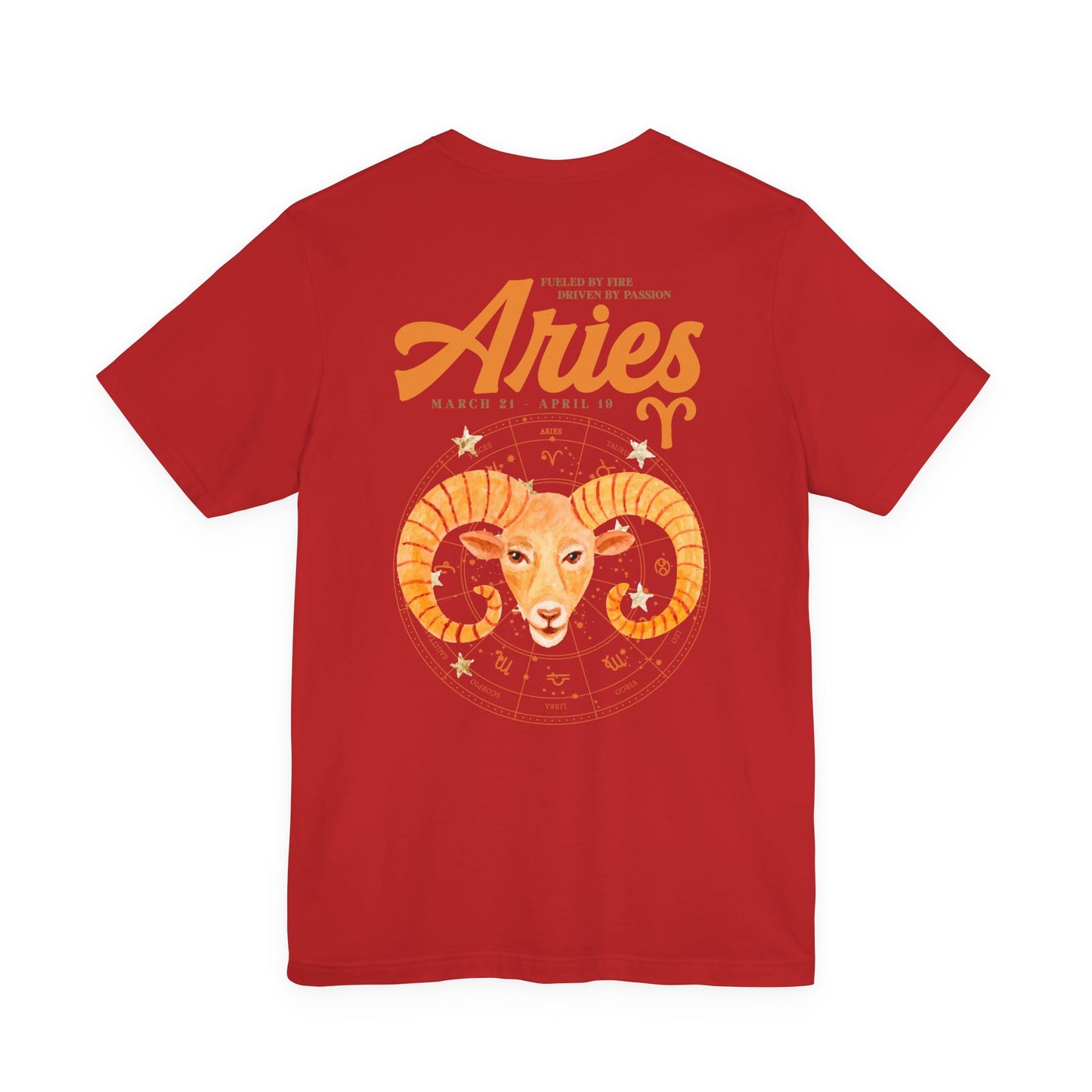 Aries Fueled by Fire T-Shirt – Ram Head with Zodiac Astrological Wheel