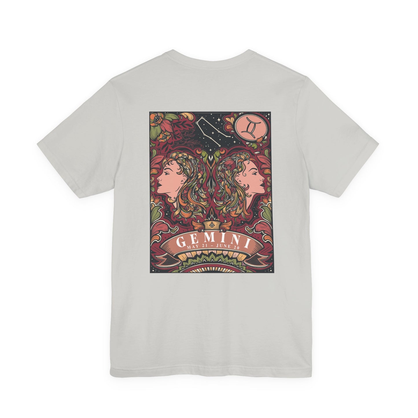 Gemini Zodiac T-Shirt – Ornate Twins with Constellation and Floral Design