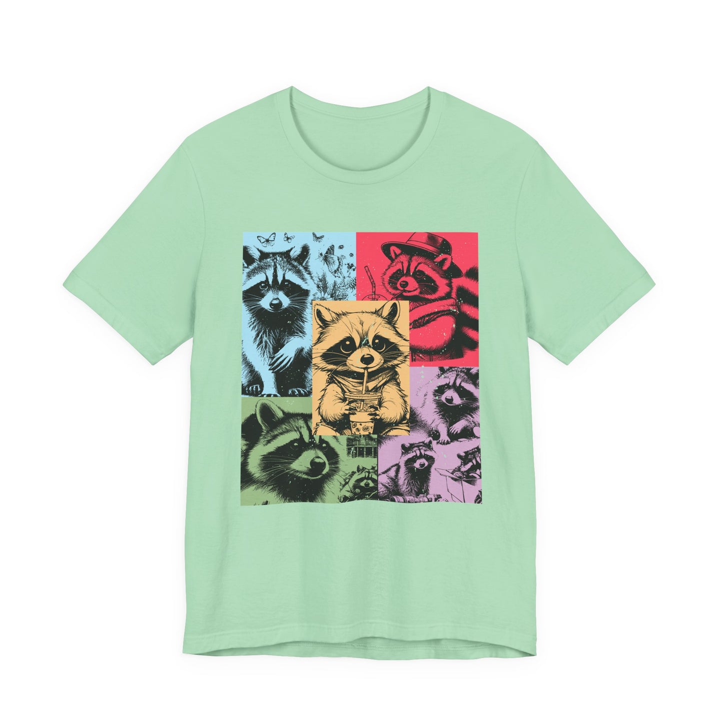 Colorful Raccoons T-Shirt – Playful Multi-Color Raccoons with Sipping Raccoon Graphic