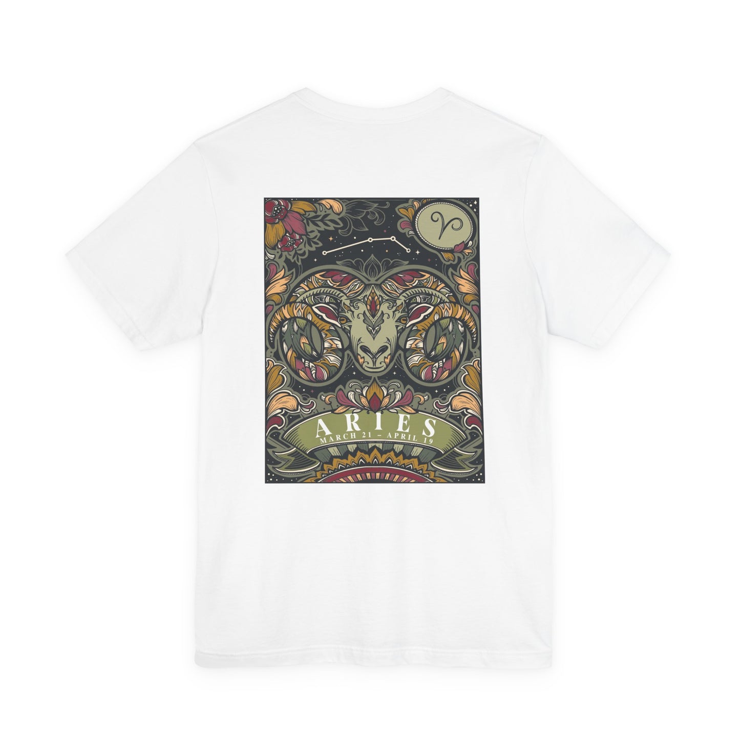 Aries Zodiac T-Shirt – Ram Head with Constellation and Floral Background