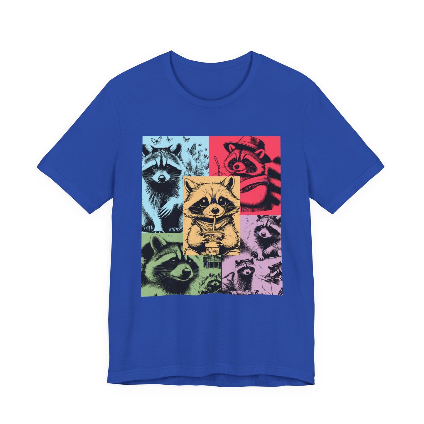 Colorful Raccoons T-Shirt – Playful Multi-Color Raccoons with Sipping Raccoon Graphic
