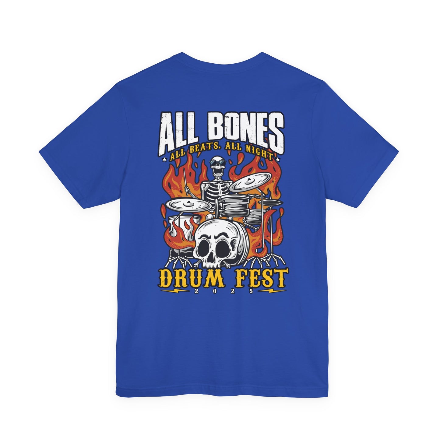 All Bones Drum Fest 2025 T-Shirt – Skeleton Drummer Fiery Rock Design