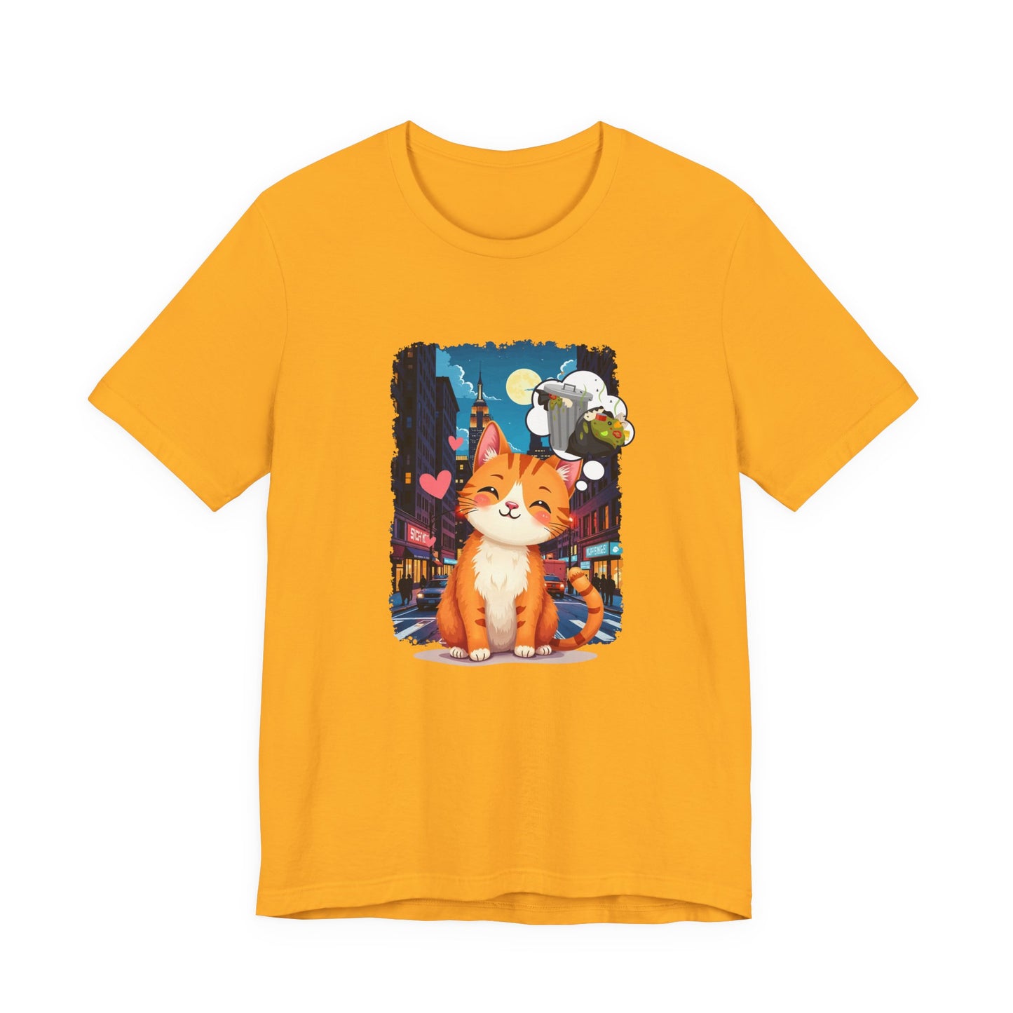 City Cat Dreams – Happy Orange Cat with Urban Garbage Thought Bubble Graphic T-Shirt