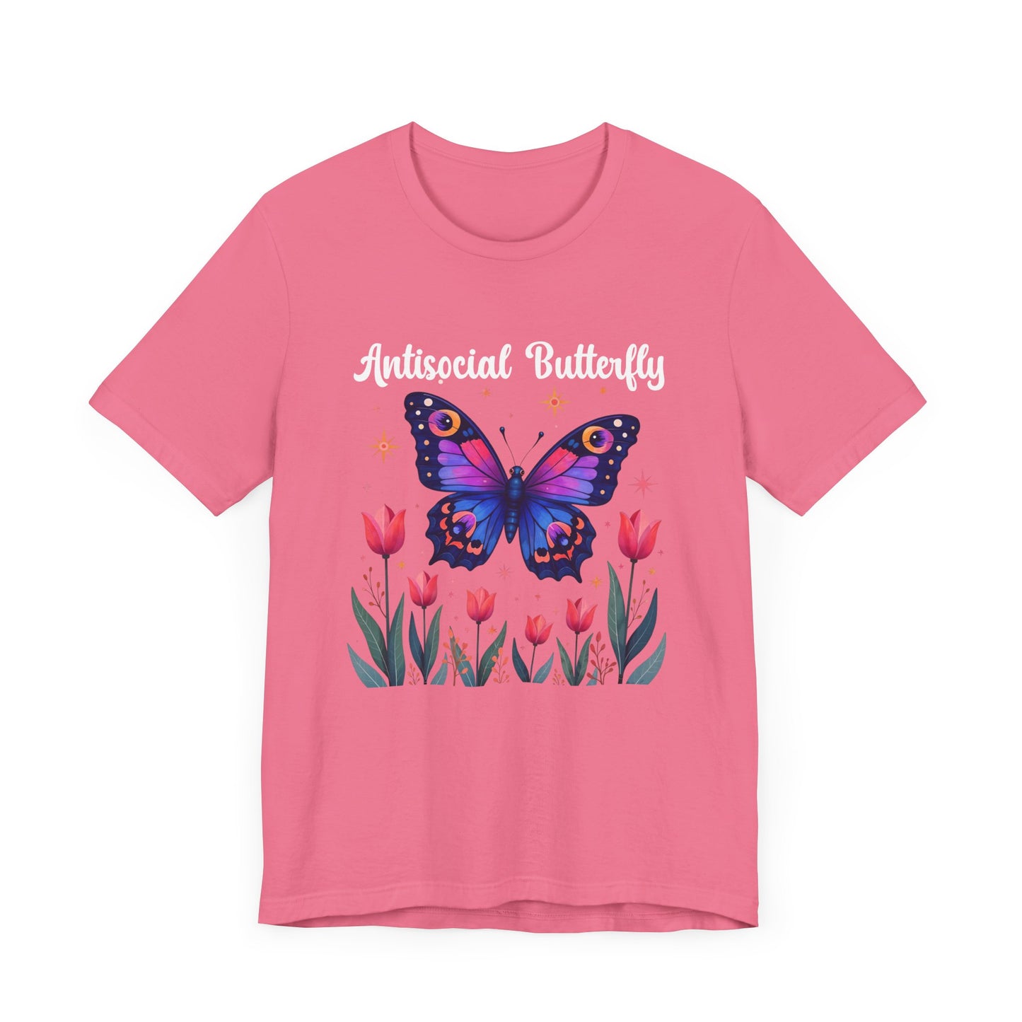 Antisocial Butterfly – Large Butterfly Above Flower Plants Graphic T-Shirt