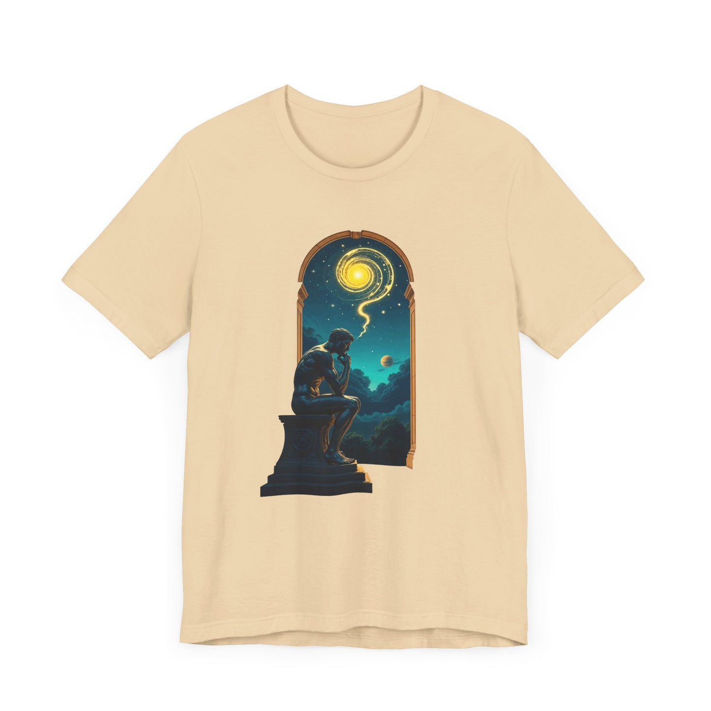 Muscular Statue Deep in Thought on Stage with Scenic Window View Graphic T-Shirt