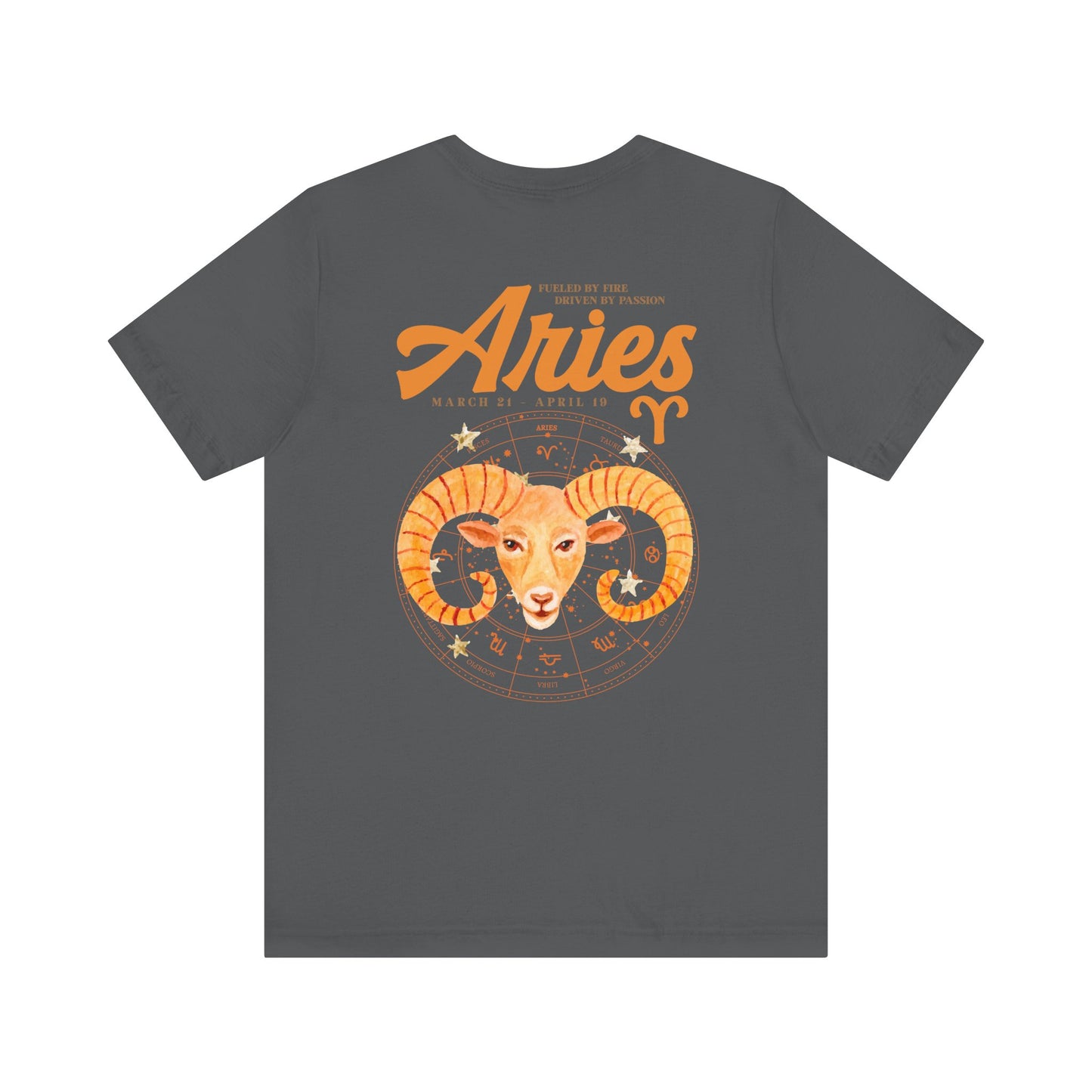 Aries Fueled by Fire T-Shirt – Ram Head with Zodiac Astrological Wheel