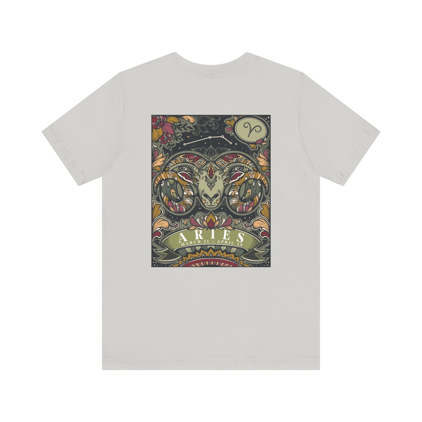 Aries Zodiac T-Shirt – Ram Head with Constellation and Floral Background