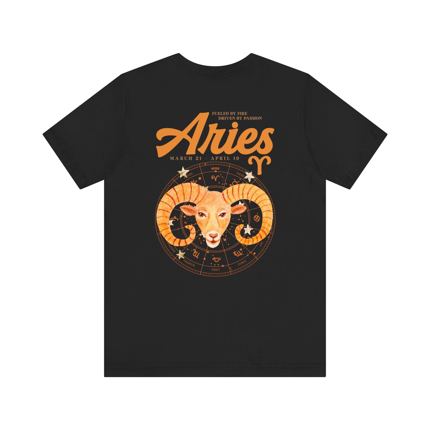 Aries Fueled by Fire T-Shirt – Ram Head with Zodiac Astrological Wheel